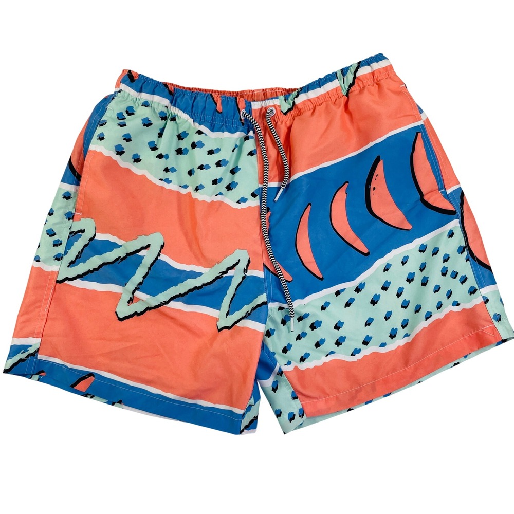 Mens Abstract Geometric 90s Style Swim Trunks Coral Blue Mint Green Size Small
